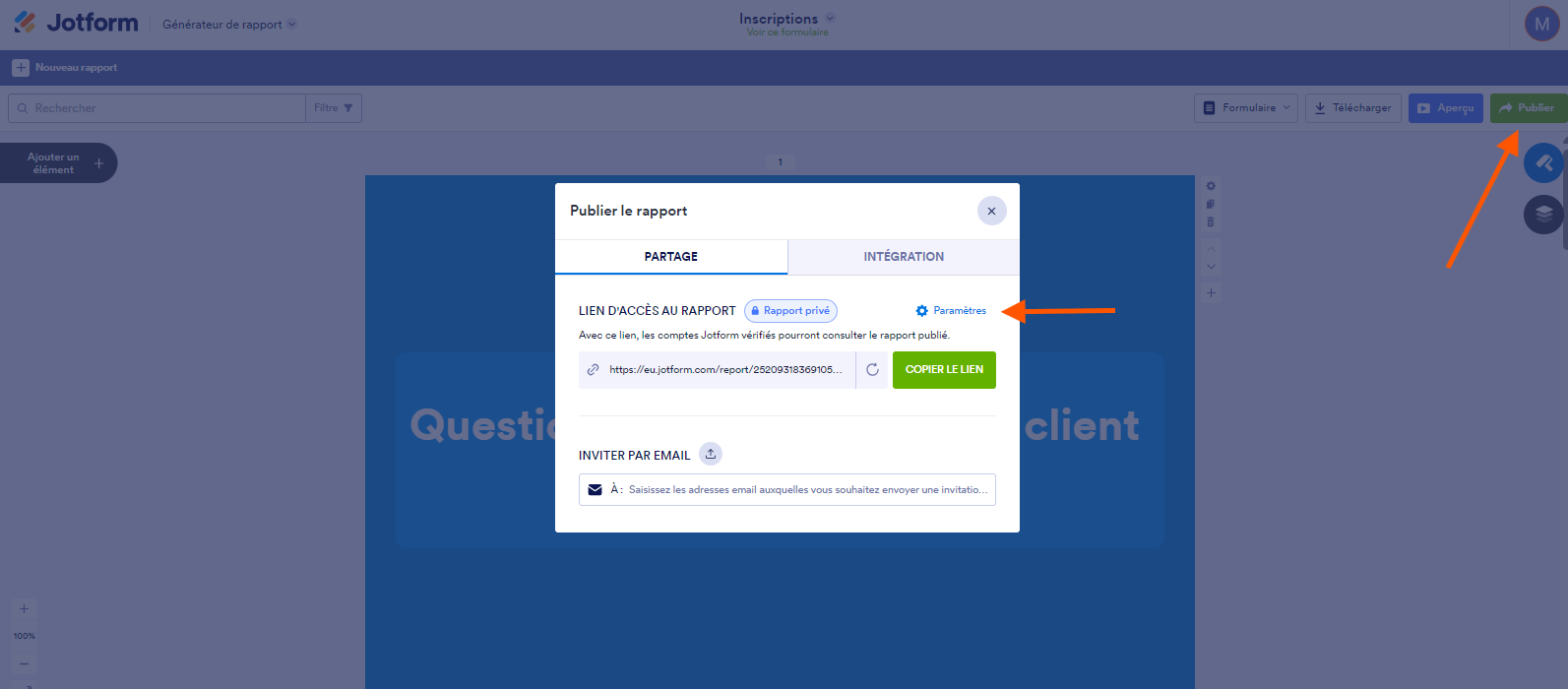 Capture d'écran d'un rapport dans le Générateur de rapports Jotform avec une flèche pointant vers le bouton Publier et une autre pointant vers l'option paramètres dans la fenêtre contextuelle Publier le rapport et l'onglet Partage