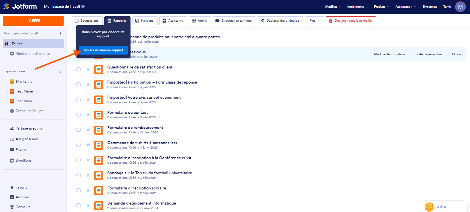 Capture d'écran de la fenêtre contextuelle Vous n'avez pas encore de rapport avec une flèche pointant vers le bouton Ajouter un nouveau rapport