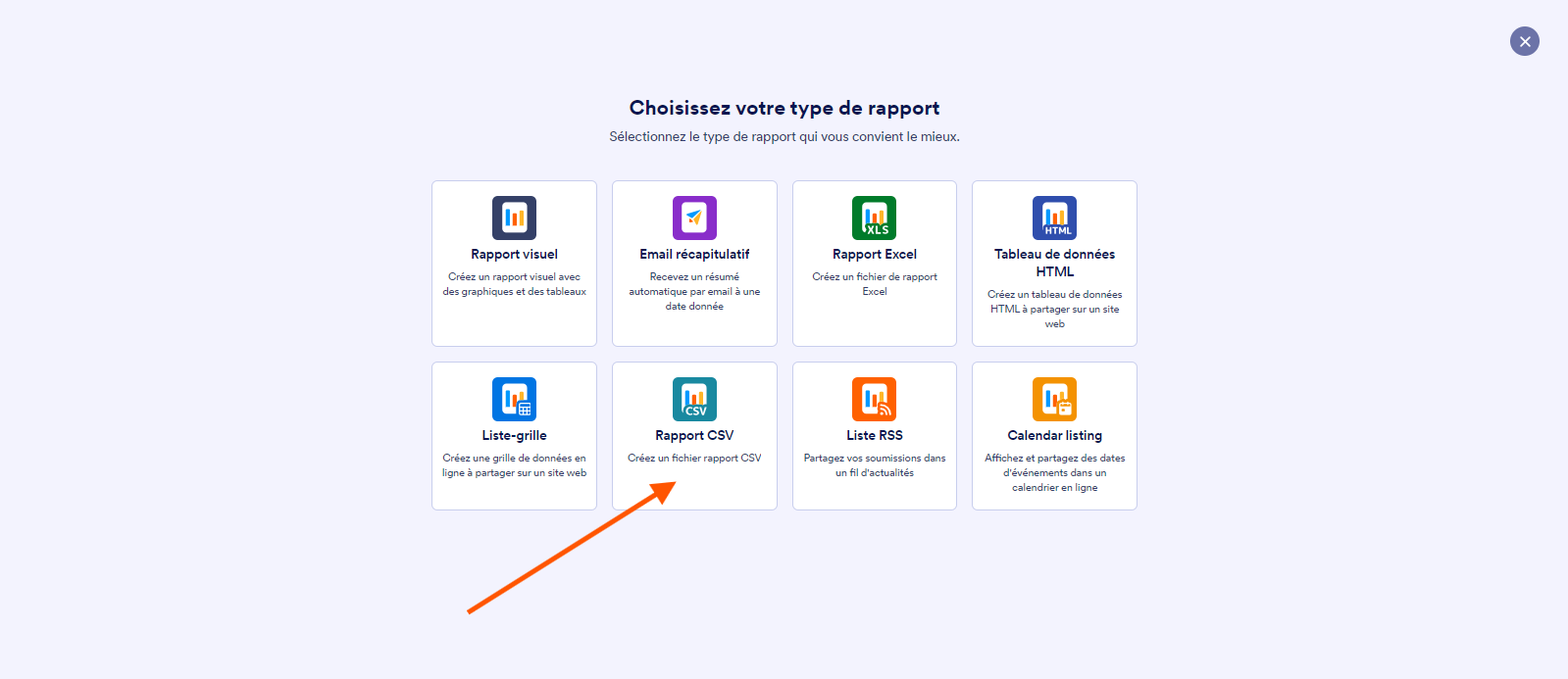 Capture d'écran de la page Choisissez votre type de rapport avec une flèche pointant vers l'option Rapport CSV dans Jotform