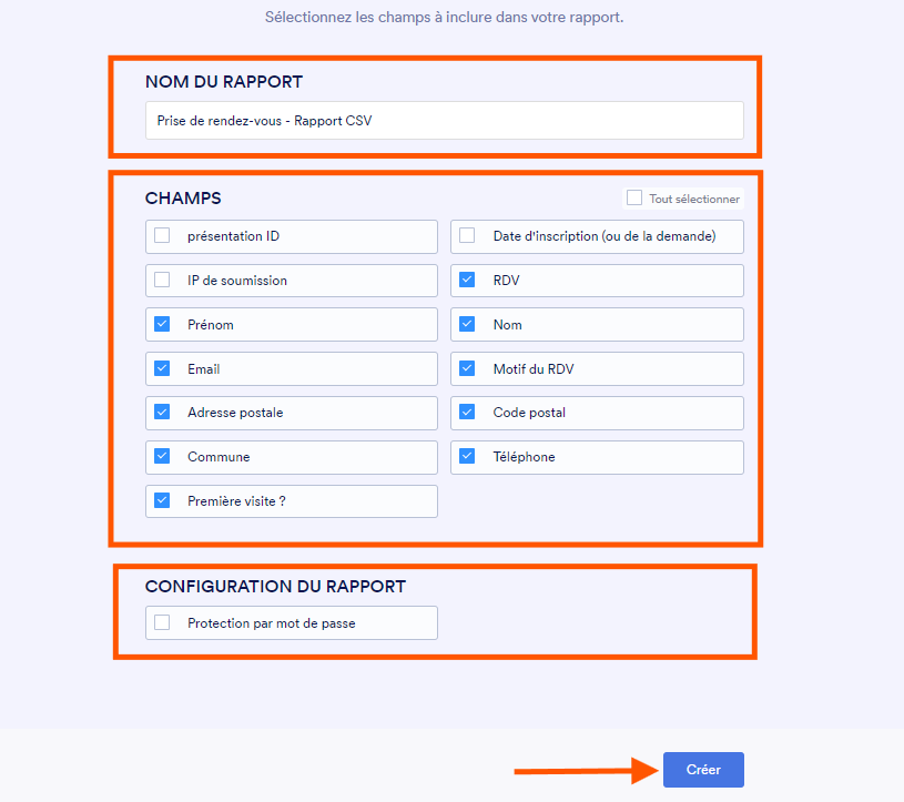 Capture d'écran de la page Sélectionnez les champs à inclure dans votre rapport avec trois encadrés : un pour saisir le nom du rapport, un pour choisir les champs à inclure dans le rapport, un pour l'option facultative d'ajout d'un mot de passe et une flèche pointant vers le bouton Créer en bas de la page dans Jotform