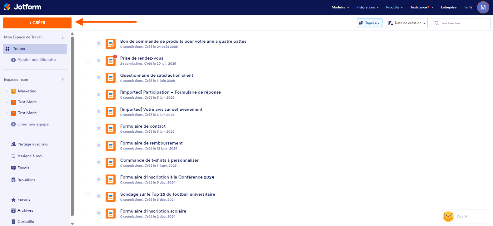 Capture d'écran de l'interface Mon Espace de Travail dans Jotform avec une flèche pointant vers le bouton +Créer à gauche