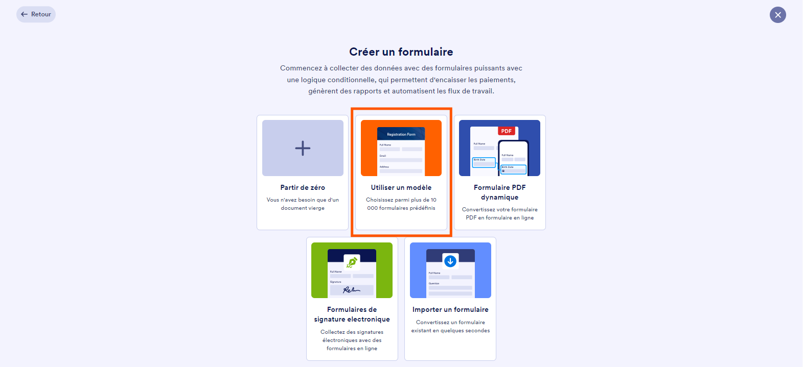 Capture d'écran de l'écran Créer un formulaire avec un encadré autour de l'option Utiliser un modèle sur Mon espace de travail Jotform