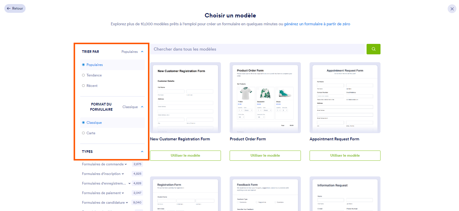Capture d'écran de la page web Choisir un modèle avec un encadré autour des options de filtrage Boîte de recherche ou options de filtrage Trier, format du formulaire et types dans Mon espace de Travail Jotform