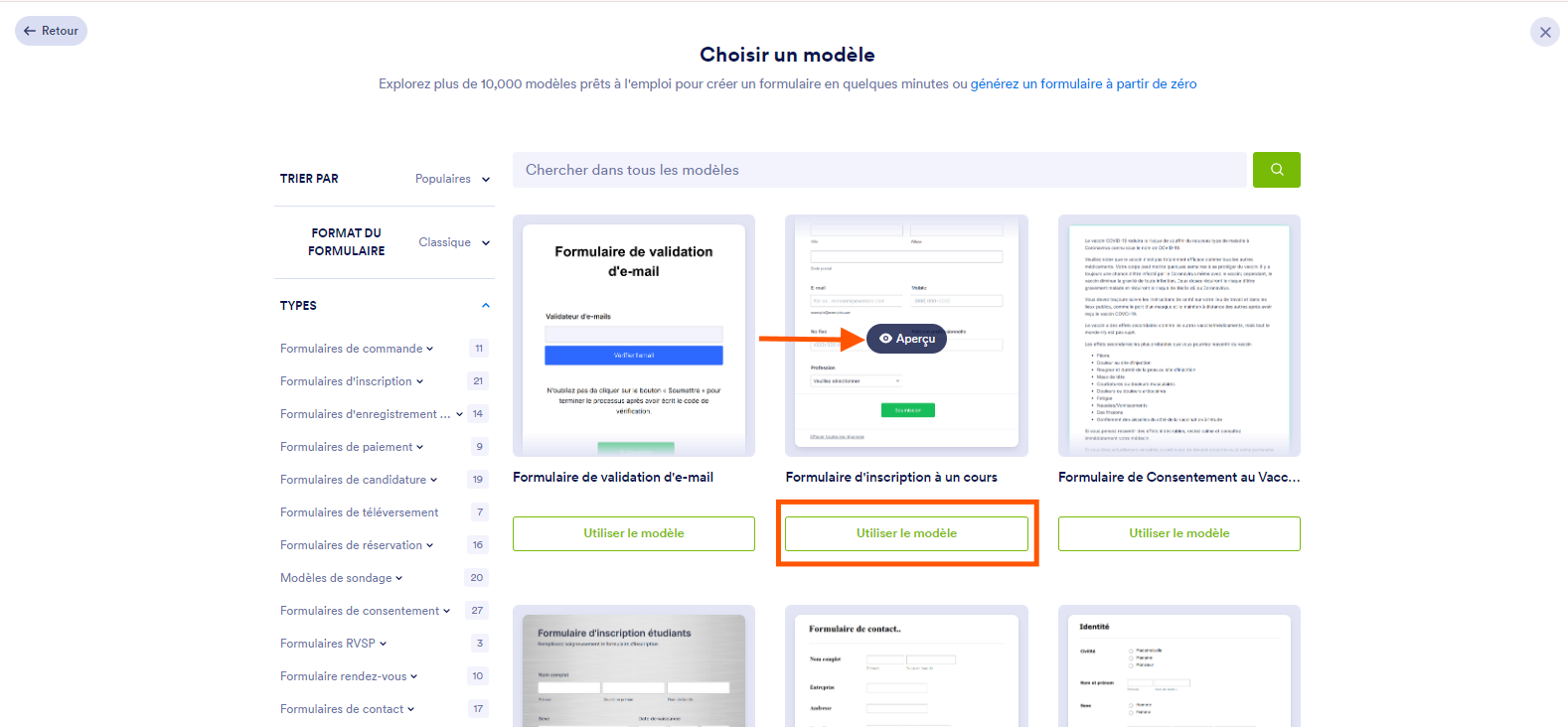 Capture d'écran de la page web Choisir un modèle avec une flèche pointant vers le bouton Aperçu d'un modèle et un encadré autour du bouton Utiliser le modèle Bouton Aperçu et Utiliser le modèle