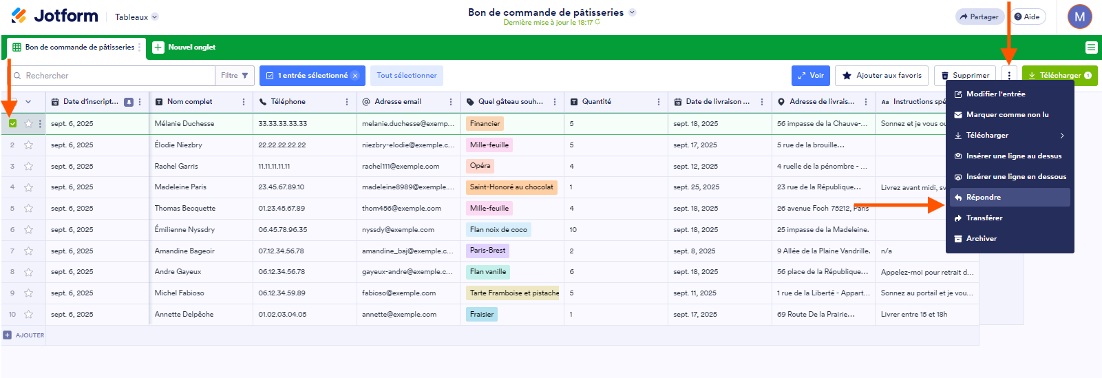 Capture d'écran des options Répondre et Transférer dans la liste déroulante du haut du tableau d'une soumission sélectionnée dans les Tableaux Jotform