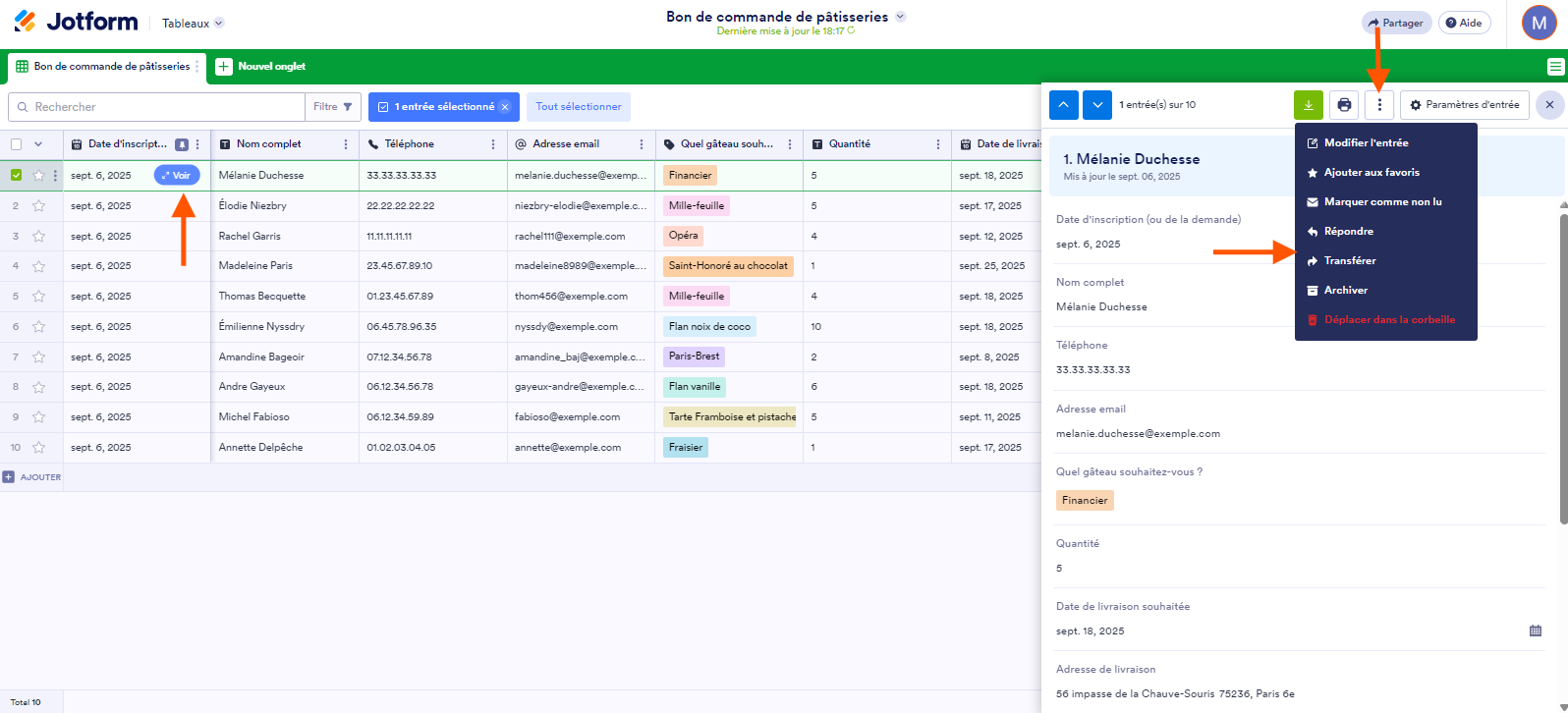 Capture d'écran d'un tableau avec une flèche pointant vers le bouton Voir d'une soumission, une autre pointant sur les trois points verticaux en haut à droite et une troisième pointant vers les options Répondre ou Transférer dans la liste déroulante qui s'affiche dans les Tableaux Jotform