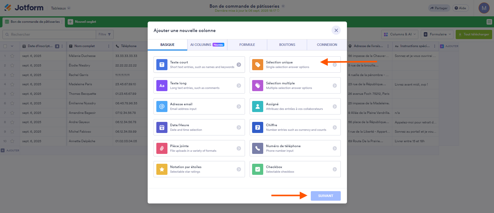 Capture d'écran de la fenêtre contextuelle Ajouter une nouvelle colonne avec une flèche pointant vers l'option Sélection unique et une autre pointant vers le bouton Suivant dans les Tableaux Jotform