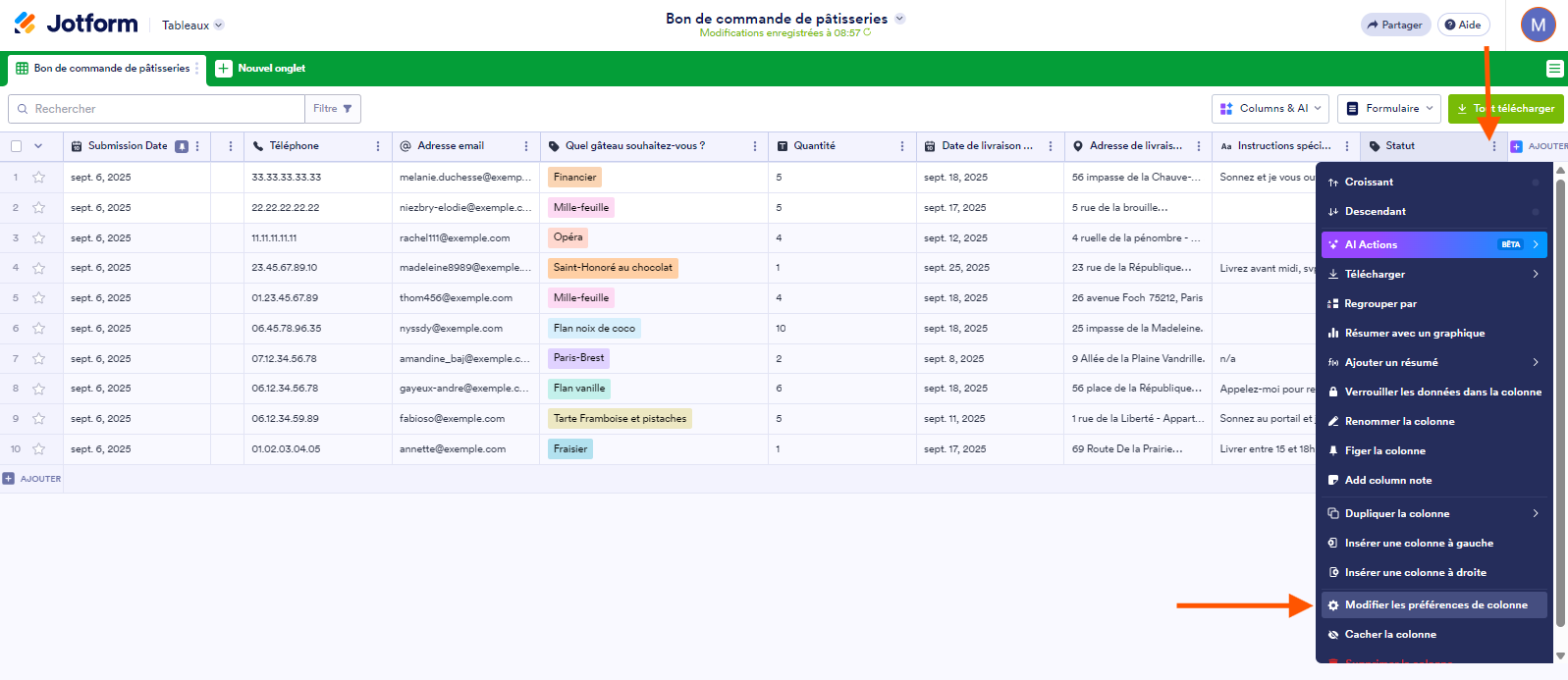 Capture d'écran du menu de la colonne avec une flèche pointant sur les trois points verticaux en haut de la nouvelle colonne et une autre pointant vers l'option Modifier es préférences de colonne dans le menu, dans les Tableaux Jotform