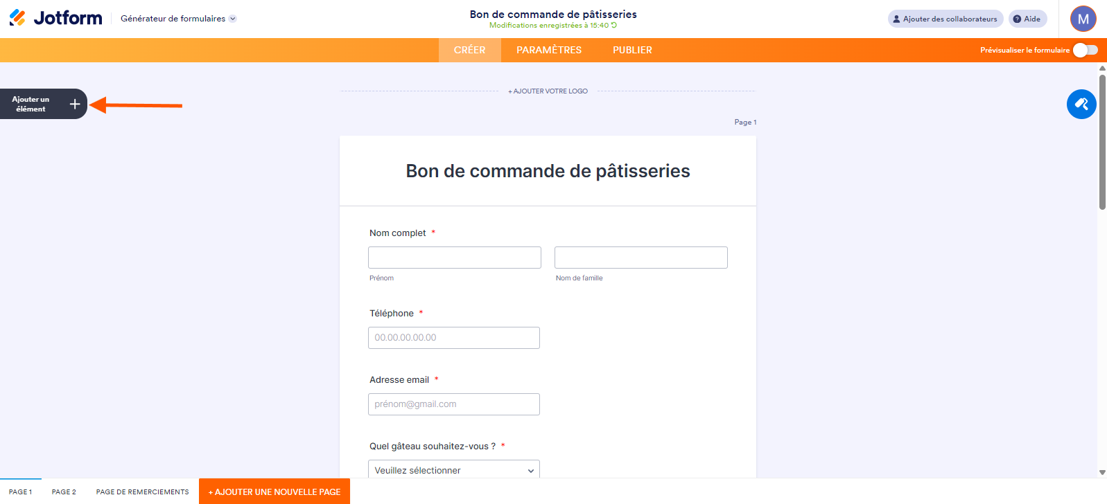 Capture d'écran d'un formulaire dans le Générateur de formulaires Jotform avec une flèche pointant vers le bouton Ajouter un élément