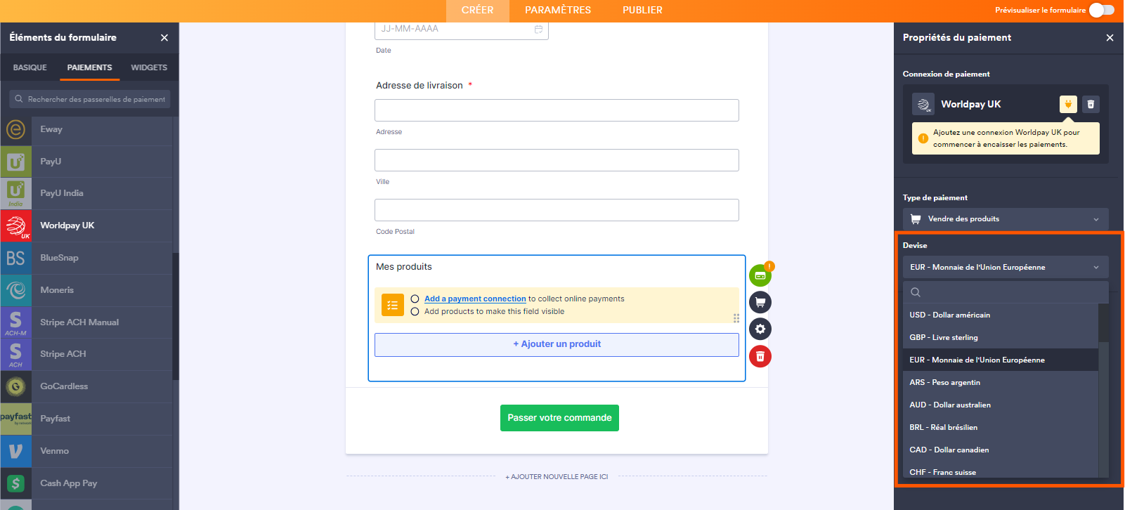 Capture d'écran du formulaire avec un encadré autour du menu Devise dans le volet Propriétés du paiement de l'intégration WorldPay UK dans le Générateur de formulaires Jotform