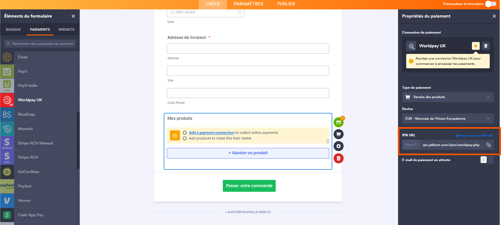 Capture d'écran du formulaire avec un encadré autour du champs IPN URL dans le volet Propriétés du paiement de l'intégration WorldPay UK dans le Générateur de formulaires Jotform