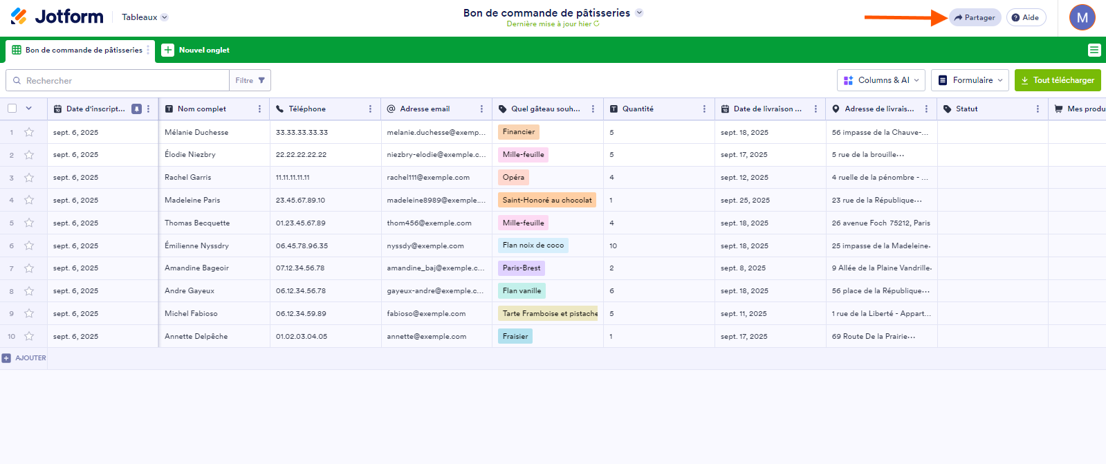 Capture d'écran d'un tableau Jotform avec une flèche pointant vers le bouton Partager