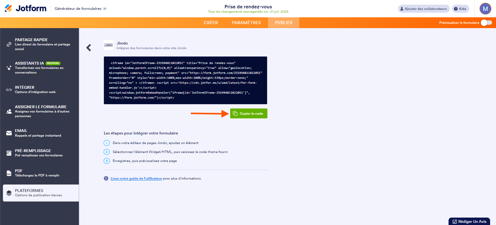 Capture d'écran de l'onglet Palteformes avec l'intégration Jimdo et une flèche pointant vers le bouton Copier le code dans le Générateur de formulaires Jotform
