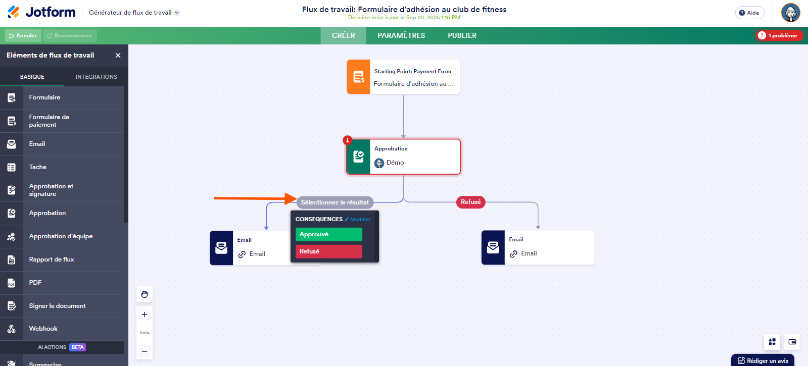 Capture d'écran d'un flux de travail avec une flèche pointant vers un des deux boutons Sélectionner un résultat avec le menu ouvert et les options Approuvé et Refusé, et avec l'autre bouton modifié en Refusé, dans les Flux de travail Jotform