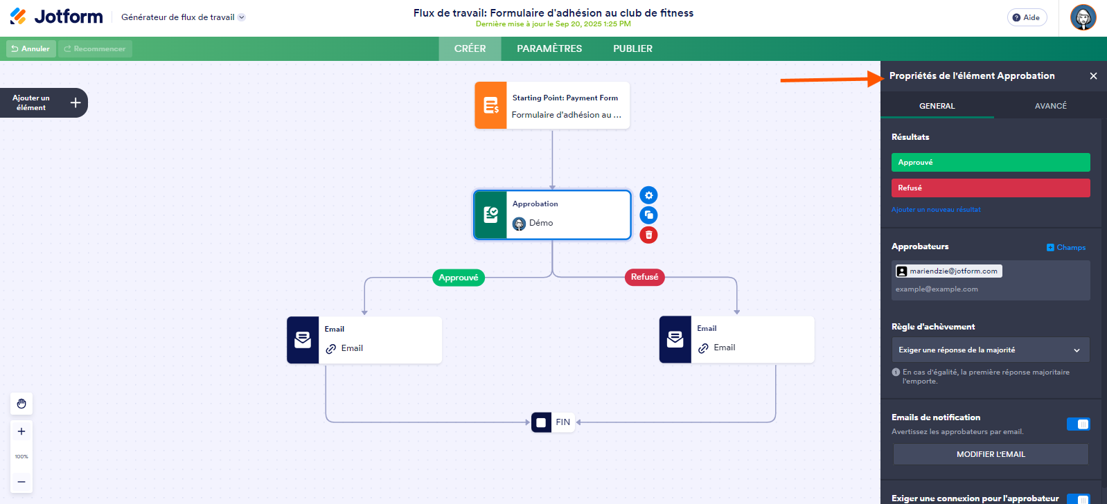 Capture d'écran du volet Propriétés de l'élément Approbation dans les Flux de travail Jotform
