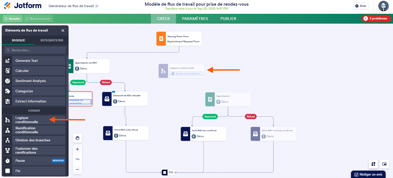 Capture d'écran d'un modèle de flux de travail avec une flèche pointant vers Logique conditionnelle dans le volet Éléments de flux de travail à gauche et une autre pointant vers cet élément intégré dans le flux dans le Générateur de Flux de travail Jotform