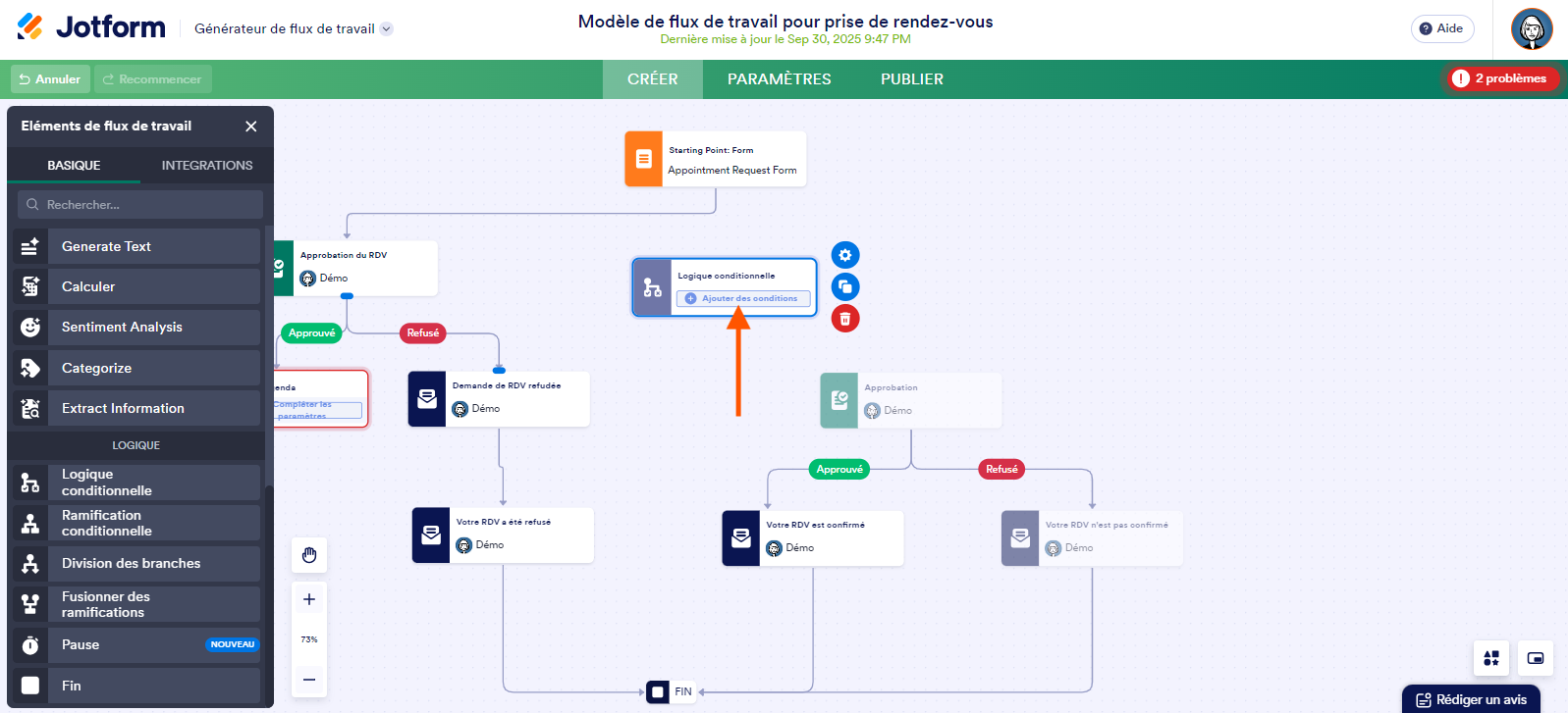 Capture d'écran d'un flux de travail avec une flèche vers le bouton Ajouter des conditions de l'élément Logique conditionnelle dans le Générateur de Flux de travail Jotform