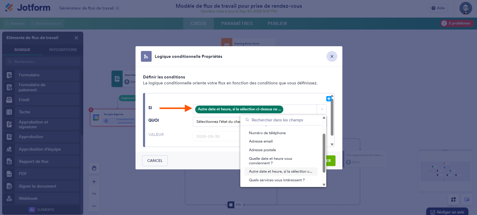 Capture d'écran d'un flux de travail avec une flèche vers le champ SI dans la fenêtre modale Propriétés de la logique conditionnelle dans le Générateur de Flux de travail Jotform