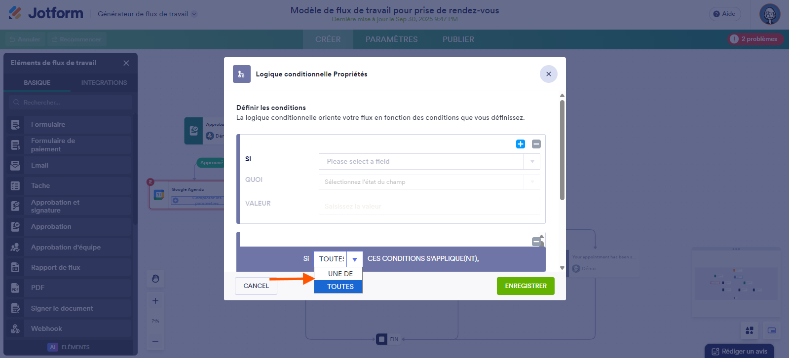 Capture d'écran d'un flux de travail avec une flèche pointant vers la liste déroulante des règles de correspondance dans la fenêtre modale Propriétés de la logique conditionnelle dans le Générateur de Flux de travail Jotform