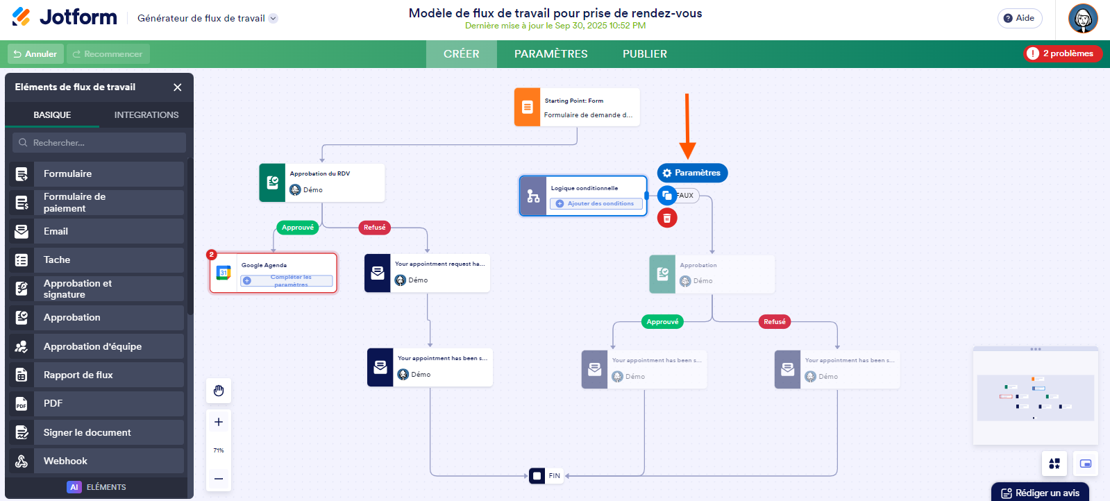 Capture d'écran d'un flux de travail avec une flèche pointant vers l'icône d'engrenage Paramètres de l'élément Logique conditionnelle dans le Générateur de Flux de travail Jotform