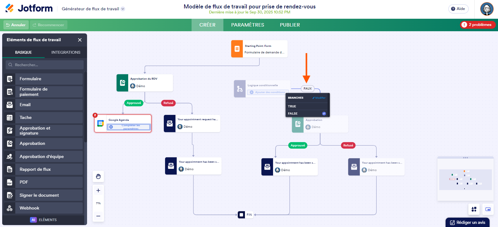 Capture d'écran d'un flux de travail avec une flèche pointant vers le menu Branches et les options Vrai ou Faux dans le Générateur de Flux de travail Jotform