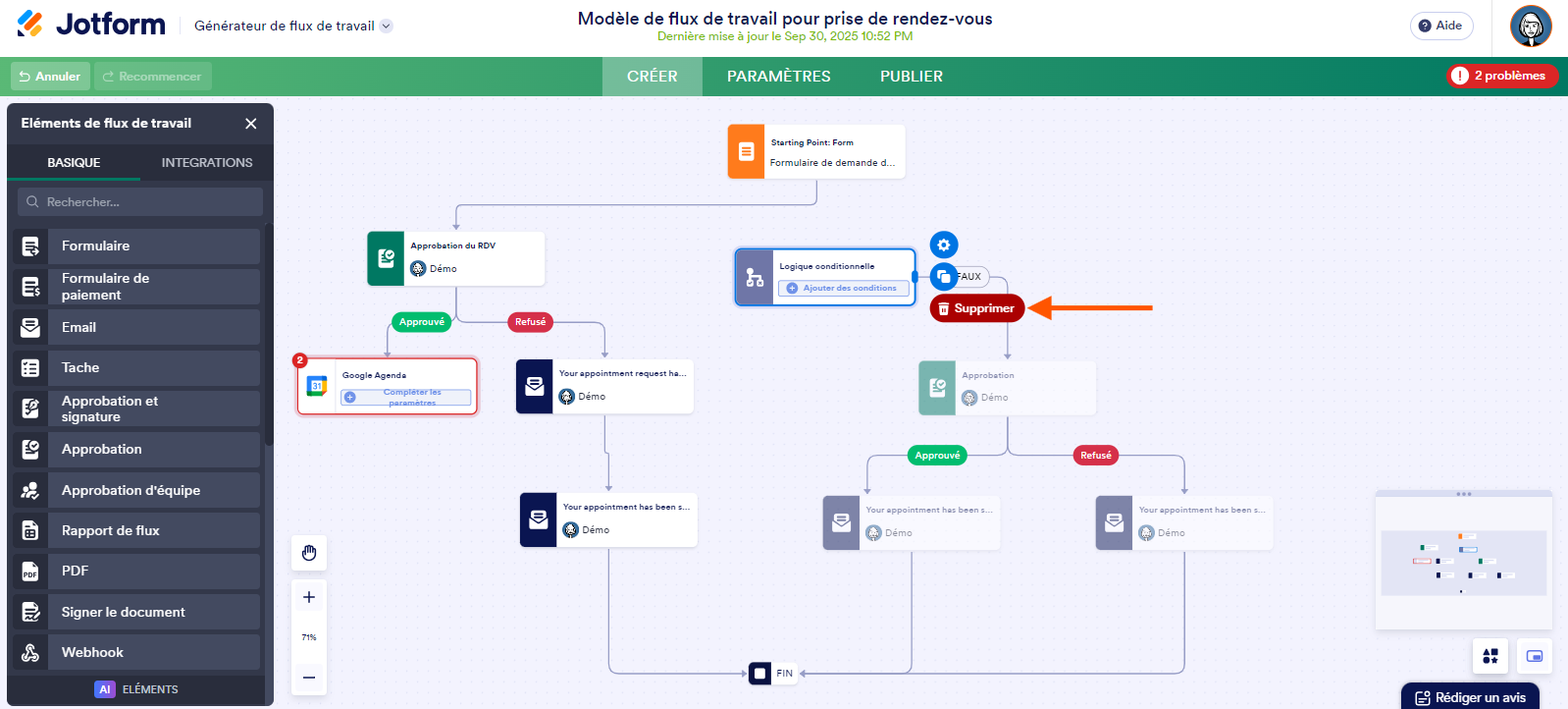 Capture d'écran d'un flux de travail avec une flèche pointant le bouton Supprimer de l'élément Logique conditionnelle dans le Générateur de Flux de travail Jotform