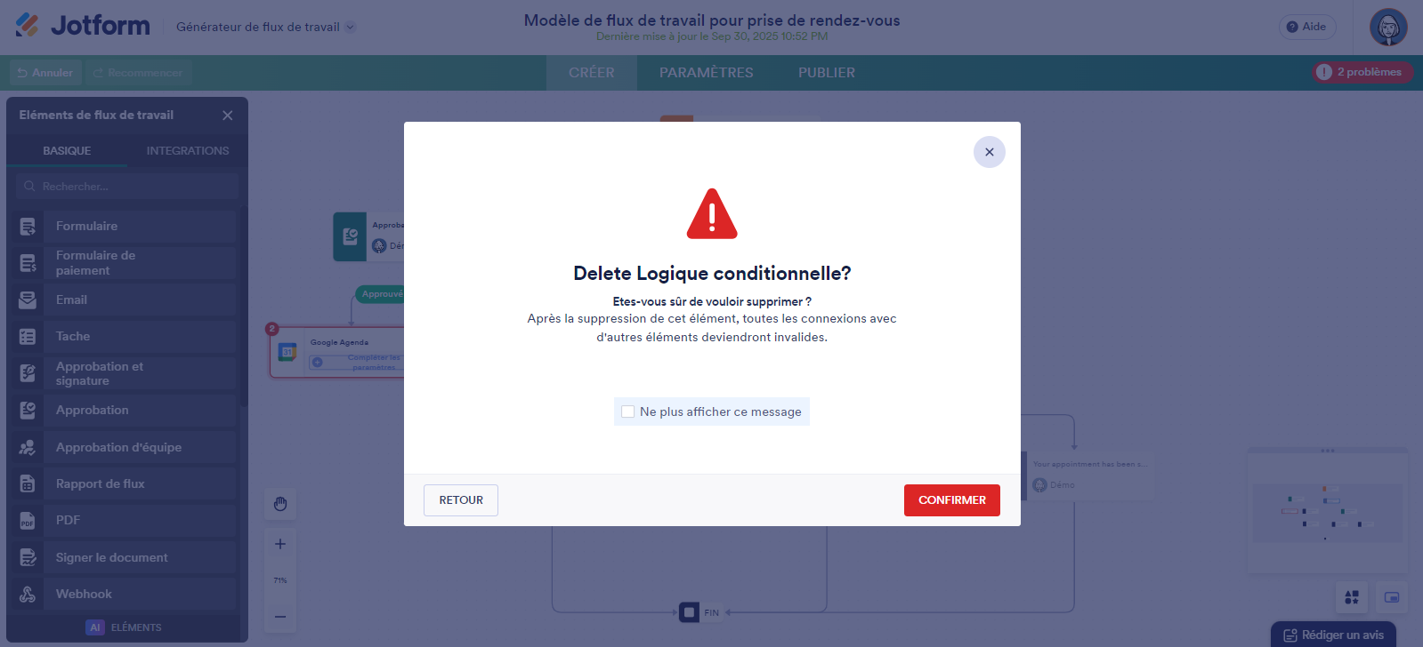 Capture d'écran d'un flux de travail avec la fenêtre modale de confirmation de la suppression de l'élément Logique conditionnelle dans le Générateur de Flux de travail Jotform