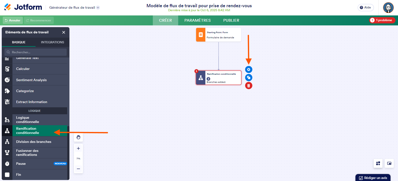 Capture d'écran d'un flux de demande avec un élément Ramification conditionnelle, une flèche pointant vers cet élément dans le menu à gauche et une autre pointant vers l'icône d'engrenage à droite de l'élément dans les Flux de travail Jotform