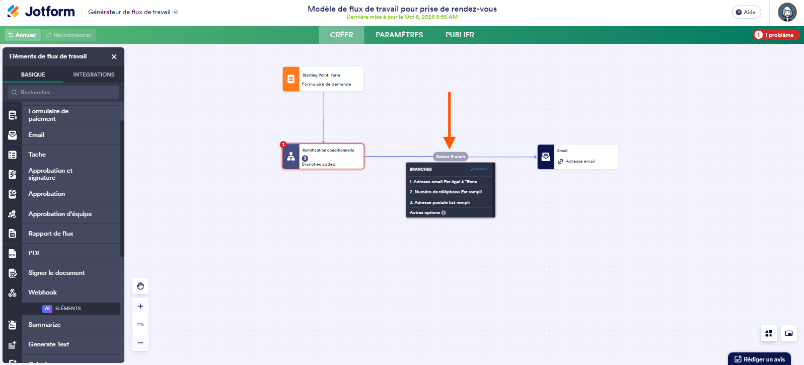 Capture d'écran d'un flux avec un élément Ramification conditionnelle relié à un élément Email et une flèche pointant vers le menu Sélectionner une branche dans les Flux de travail Jotform