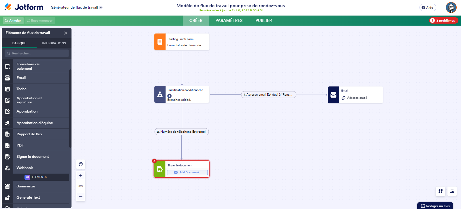 Capture d'écran d'un flux avec un élément Ramification conditionnelle relié à plusieurs éléments Email et Document signé dans les Flux de travail Jotform