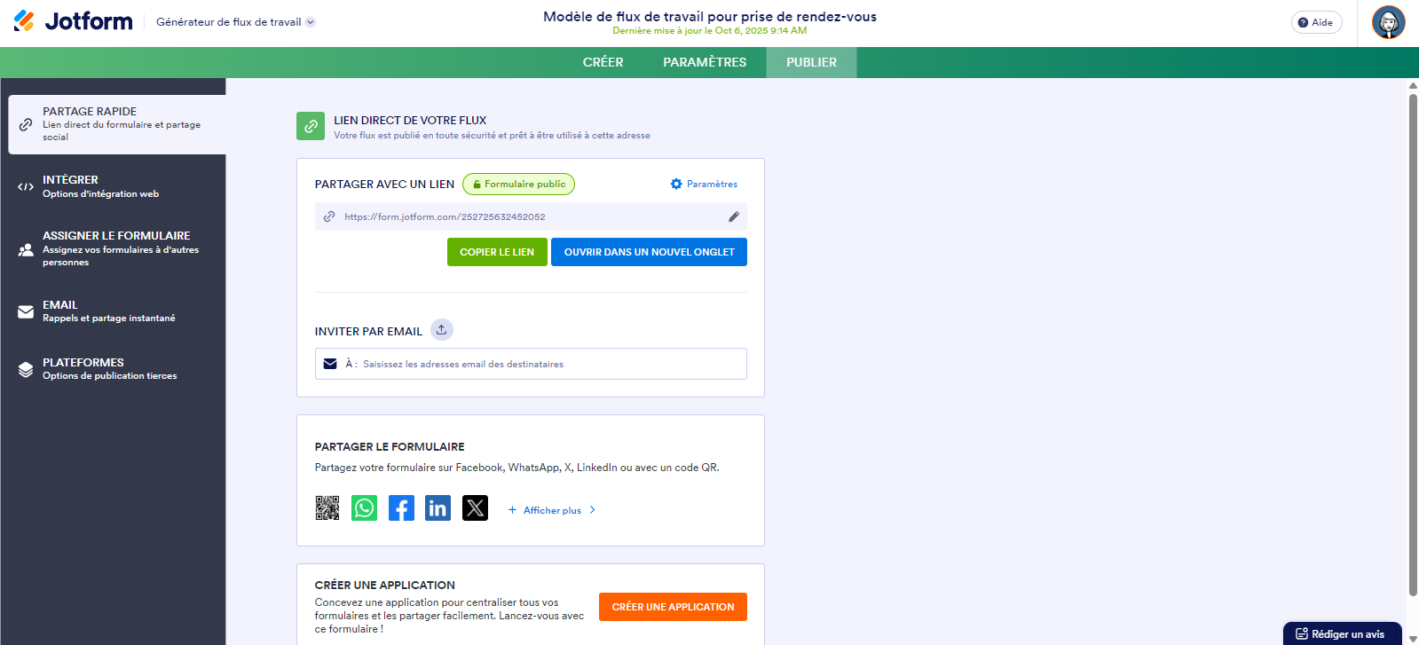 Capture d'écran de l'onglet Publier d'un flux d'approbation dans les Flux de travail Jotform avec les options de Partage rapide