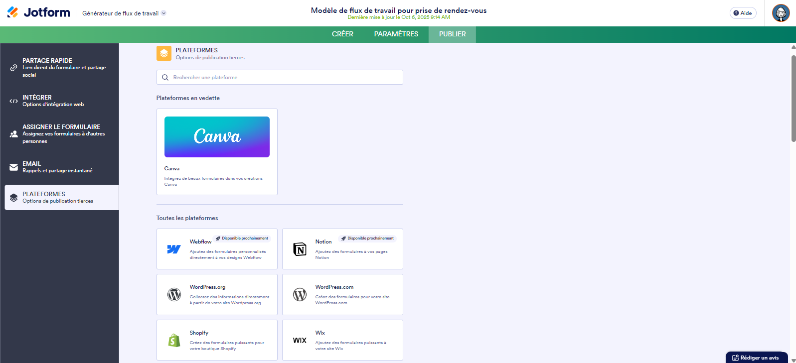 Capture d'écran de l'onglet Publier d'un flux d'approbation dans les Flux de travail Jotform avec les options de l'onglet Plateformes