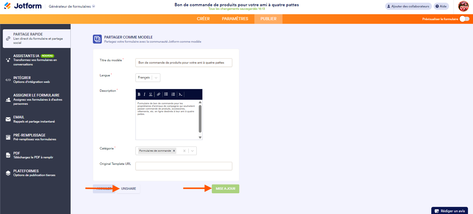 Capture d'écran de la page Partager comme modèle dans Jotform avec une flèche pointant vers le bouton Mettre à jour et une autre pointant vers le bouton Dépublier
