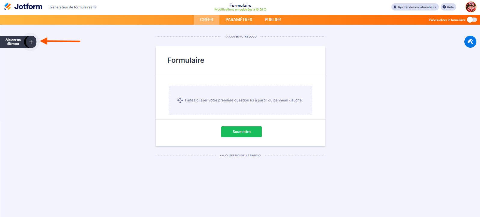 Capture d'écran du formulaire de base par défaut dans le Générateur de formulaires Jotform avec une flèche pointant vers le bouton Ajouter un élément à gauche