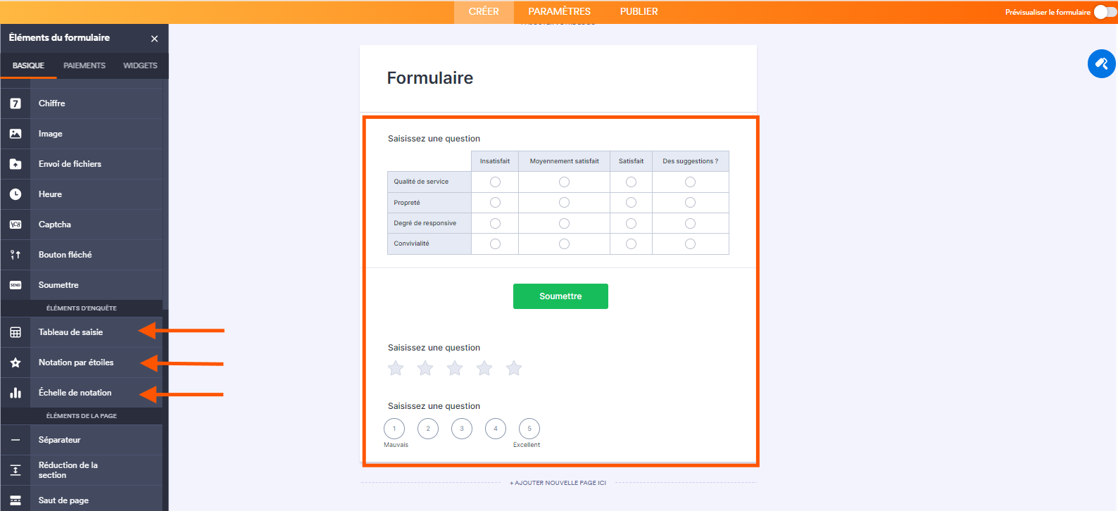 Capture d'écran du formulaire en cours de création dans le Générateur de formulaires Jotform avec trois flèches pointant vers les options de champs des éléments d'enquête et un encadré autour de ces champs intégrés dans le formulaire