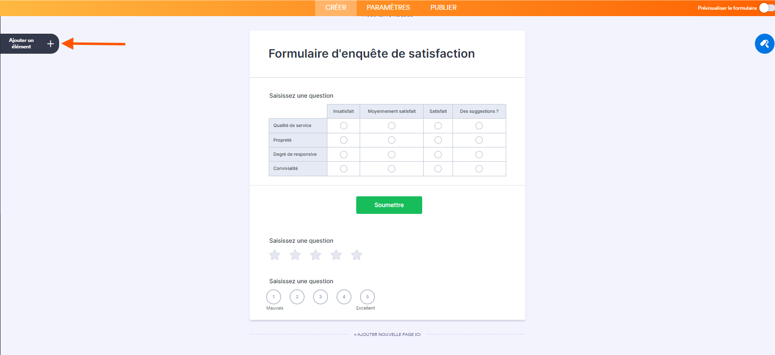 Capture d'écran d'un formulaire d'enquête de satisfaction dans le Générateur de formulaires Jotform avec une flèche pointant vers le bouton Ajouter un élément, situé en haut à gauche