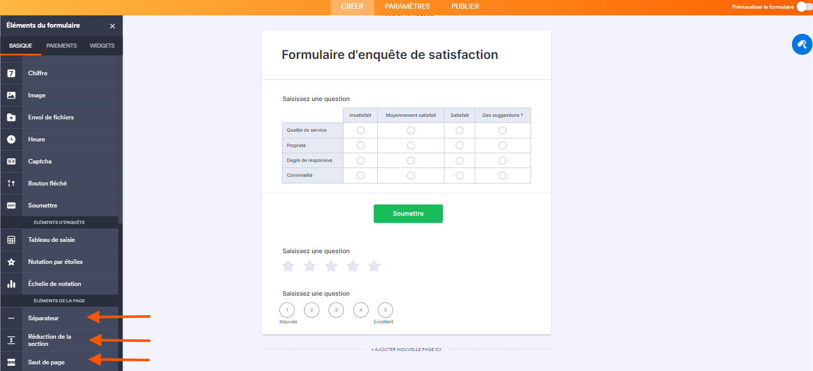 Capture d'écran d'un formulaire d'enquête de satisfaction dans le Générateur de formulaires Jotform avec trois flèches pointant vers les éléments de page dans le volet éléments de formulaire à gauche