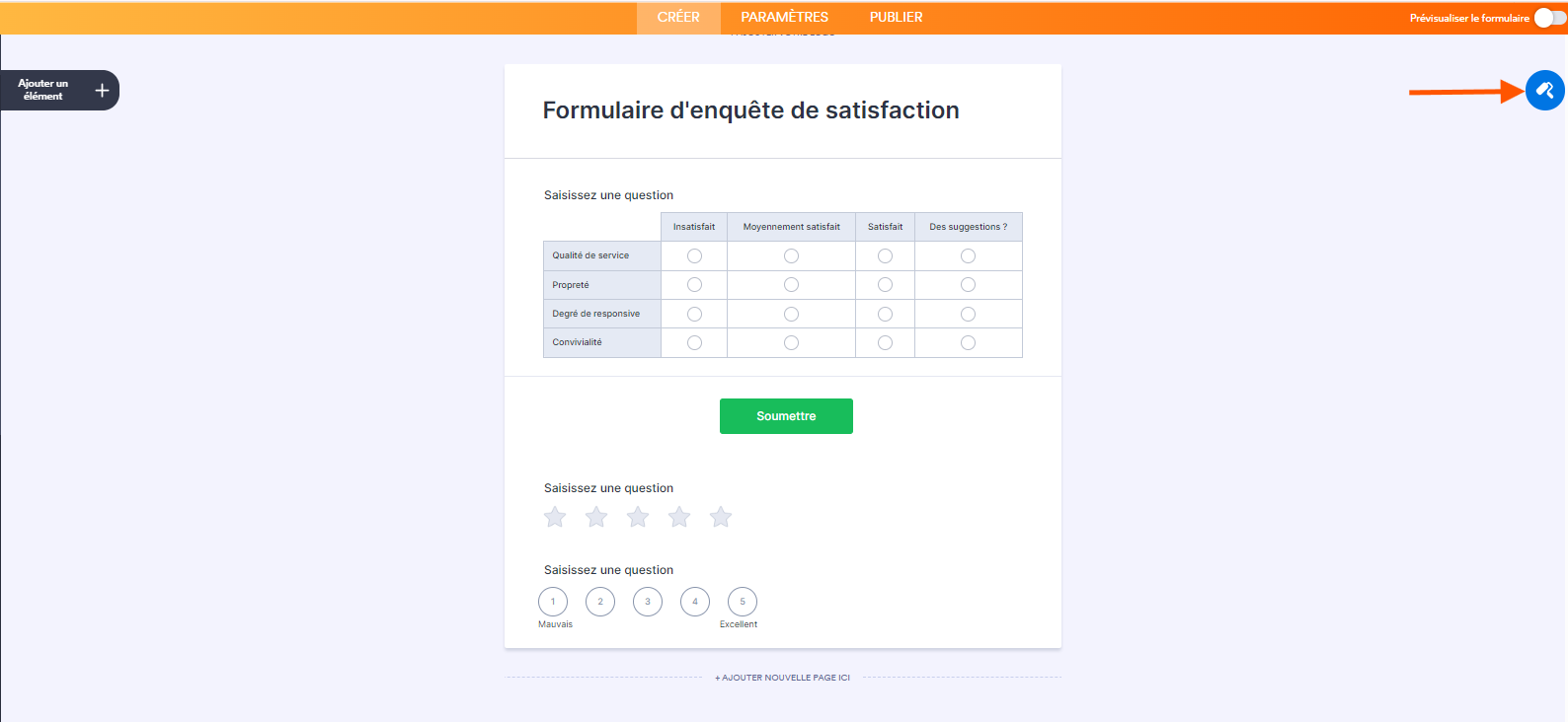 Capture d'écran d'un formulaire d'enquête de satisfaction dans le Générateur de formulaires Jotform avec une flèche pointant vers l'icône de rouleau à peinture pour ouvrir le Concepteur de formulaire