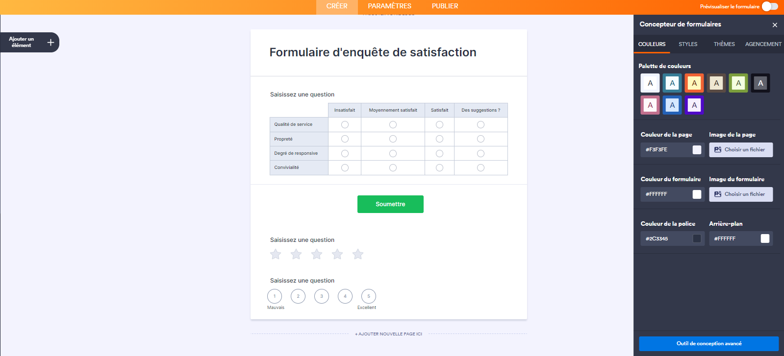 Capture d'écran d'un formulaire d'enquête de satisfaction dans le Générateur de formulaires Jotform avec le volet Concepteur de formulaire ouvert à droite