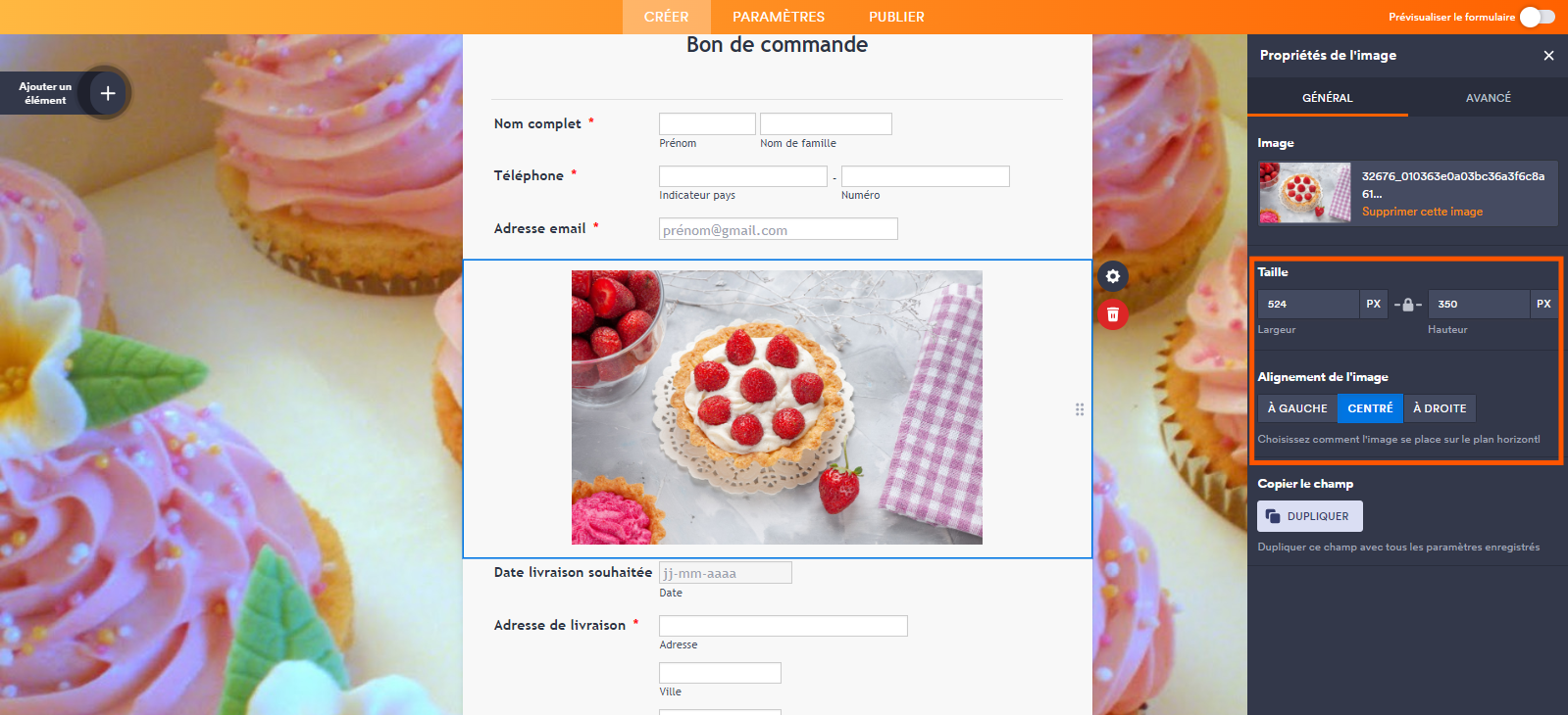 Capture d'écran du volet Propriété de l'image avec un encadré autour des paramétrages de la Taille et de l'Alignement de l'image dans le Générateur de formulaires Jotform