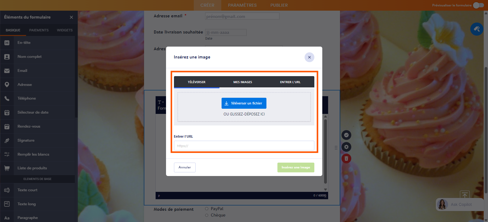 Capture d'écran de la fenêtre modale Insérer une image avec un encadré autour des différentes options possibles dans le Générateur de formulaires Jotform