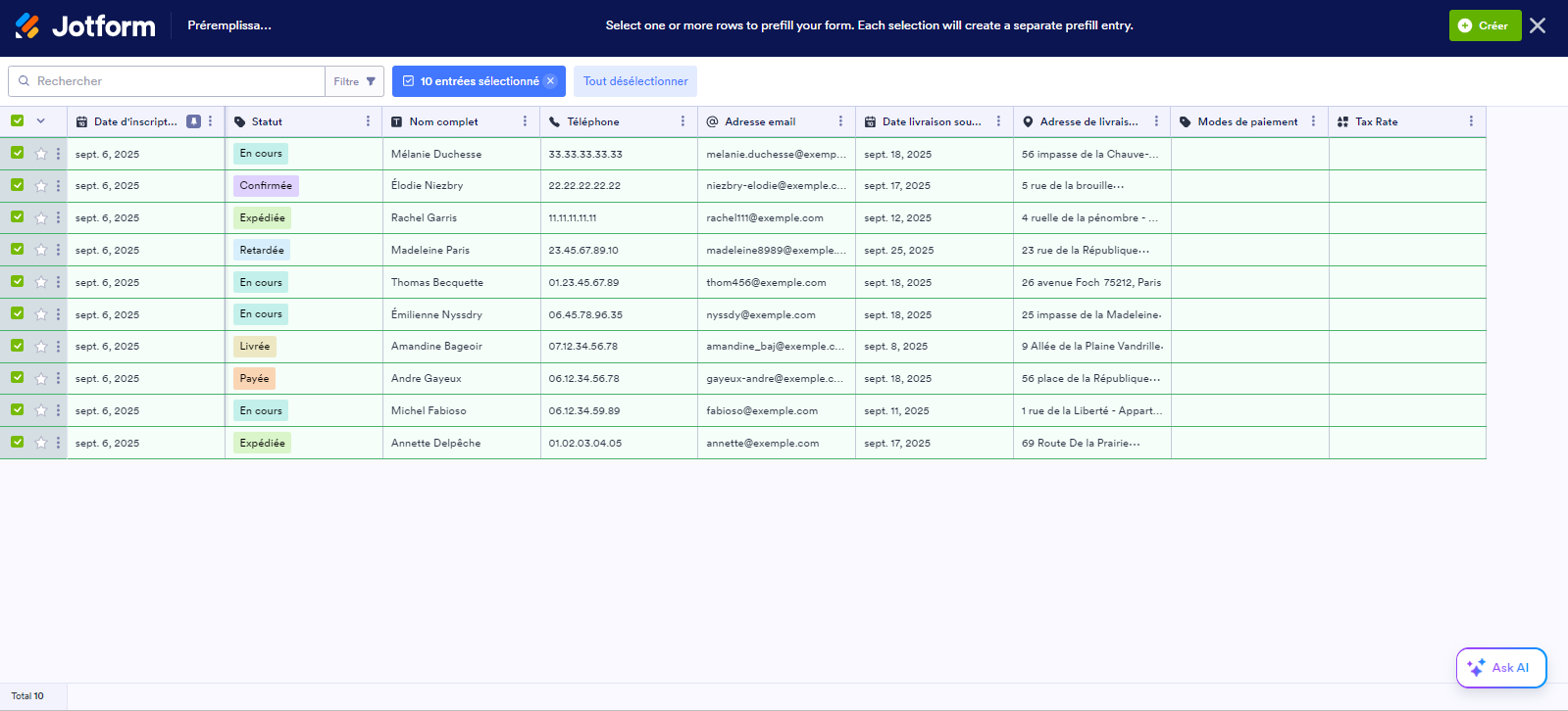 Capture d'écran montrant comment sélectionner les soumissions dans le Préremplissage de formulaire dans le Générateur de formulaires Jotform