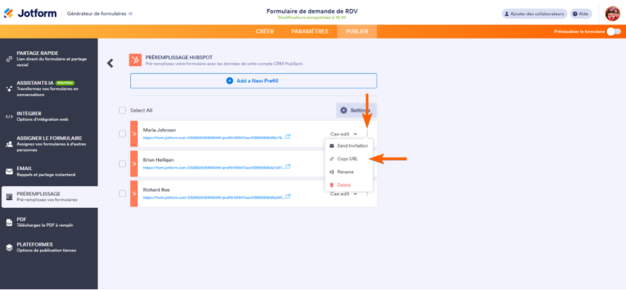 Capture d'écran du menu des URL de formulaire prérempli HubSpot dans le Générateur de formulaire Jotform