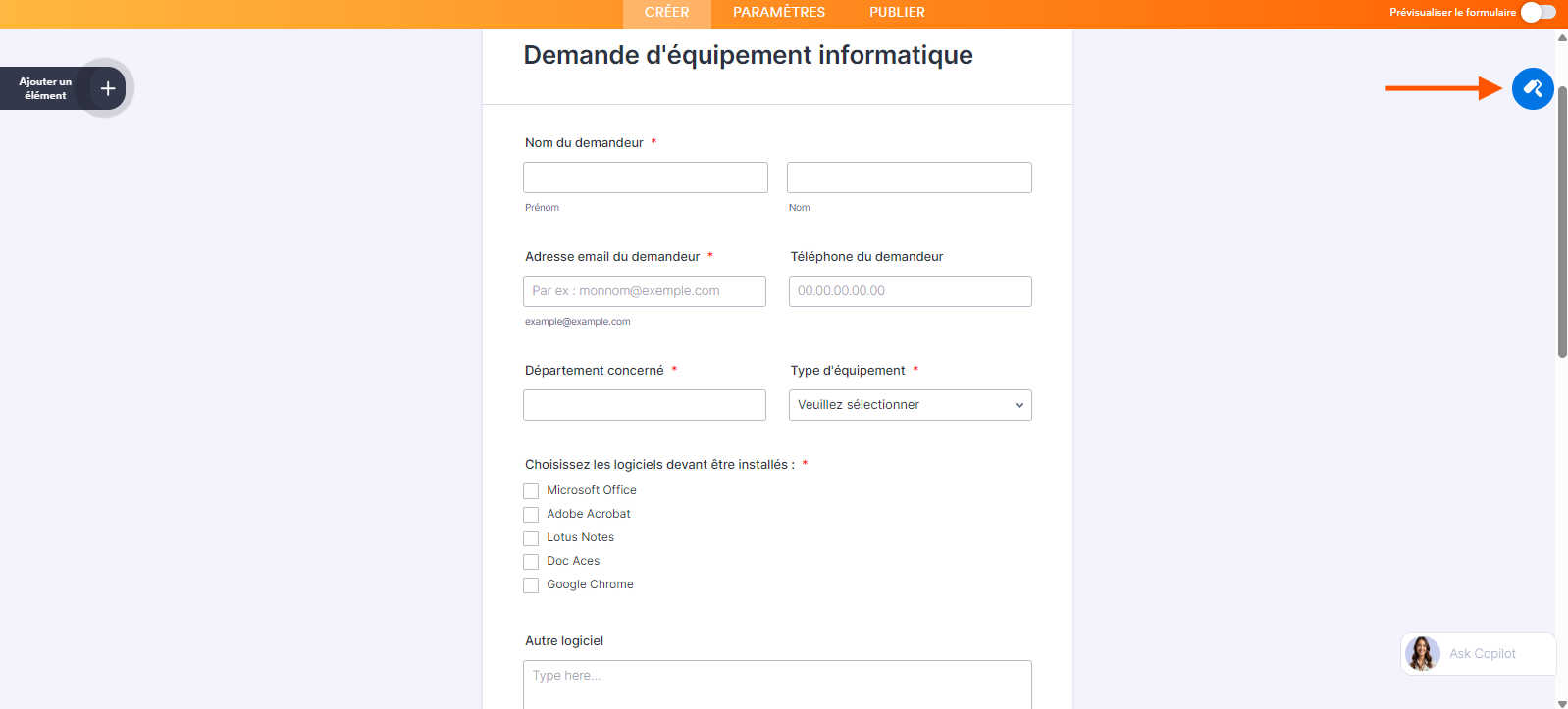 Capture d'écran d'un formulaire dans le Générateur de formulaires Jotform avec une flèche pointant vers l'icône de rouleau à peinture à droite