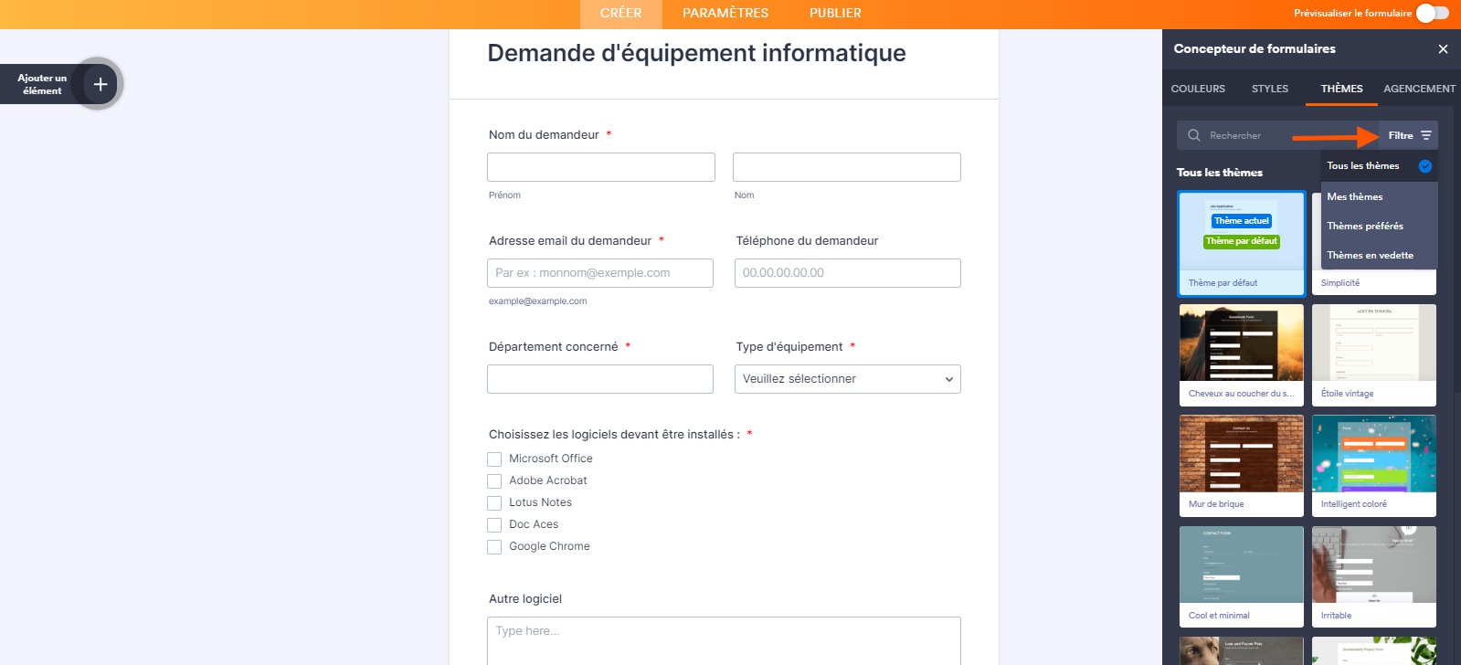 Capture d'écran du volet du Concepteur de formulaire avec l'onglet Thèmes sélectionné et une flèche pointant vers Filtre qui ouvre un menu d'options de recherche de thèmes dans le Générateur de formulaires Jotform