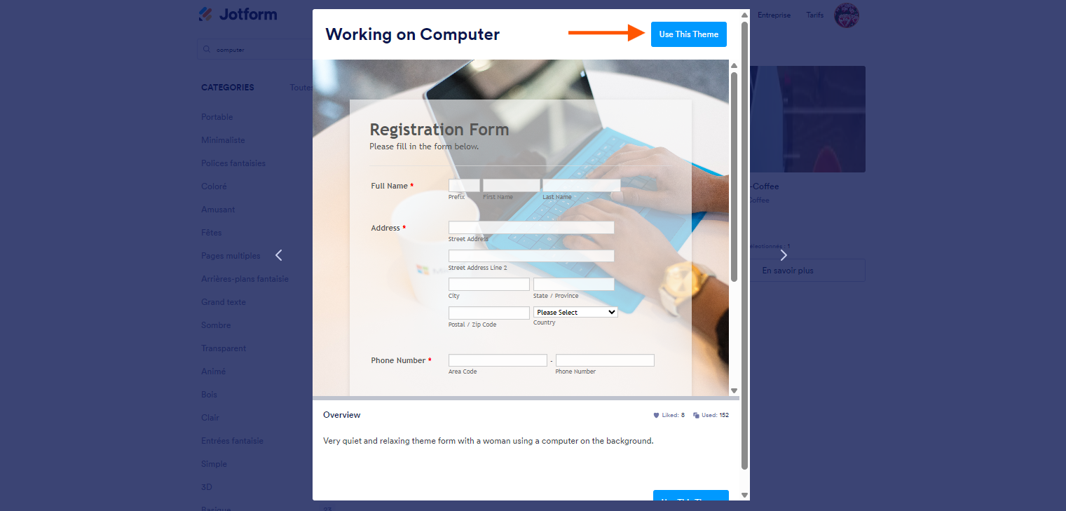 Capture d'écran de la fenêtre de prévisualisation du thème sélectionné avec une flèche pointant vers le bouton Utiliser ce thème