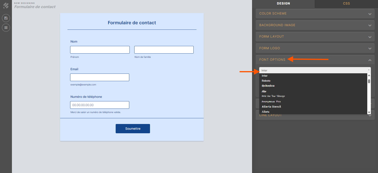 Capture d'écran de la page de l'Outil de conception avancé avec une flèche pointant vers l'onglet Options de police et une autre vers la liste déroulante des polices disponibles