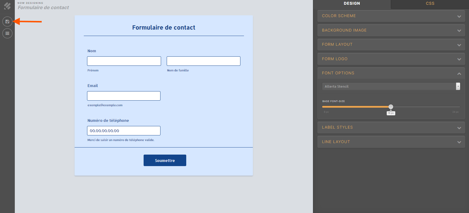 Capture d'écran de la page de l'Outil de conception avancé avec une nouvelle police sélectionnée dans le volet de droite et une flèche pointant vers le bouton Enregistrer les modifications en haut à gauche