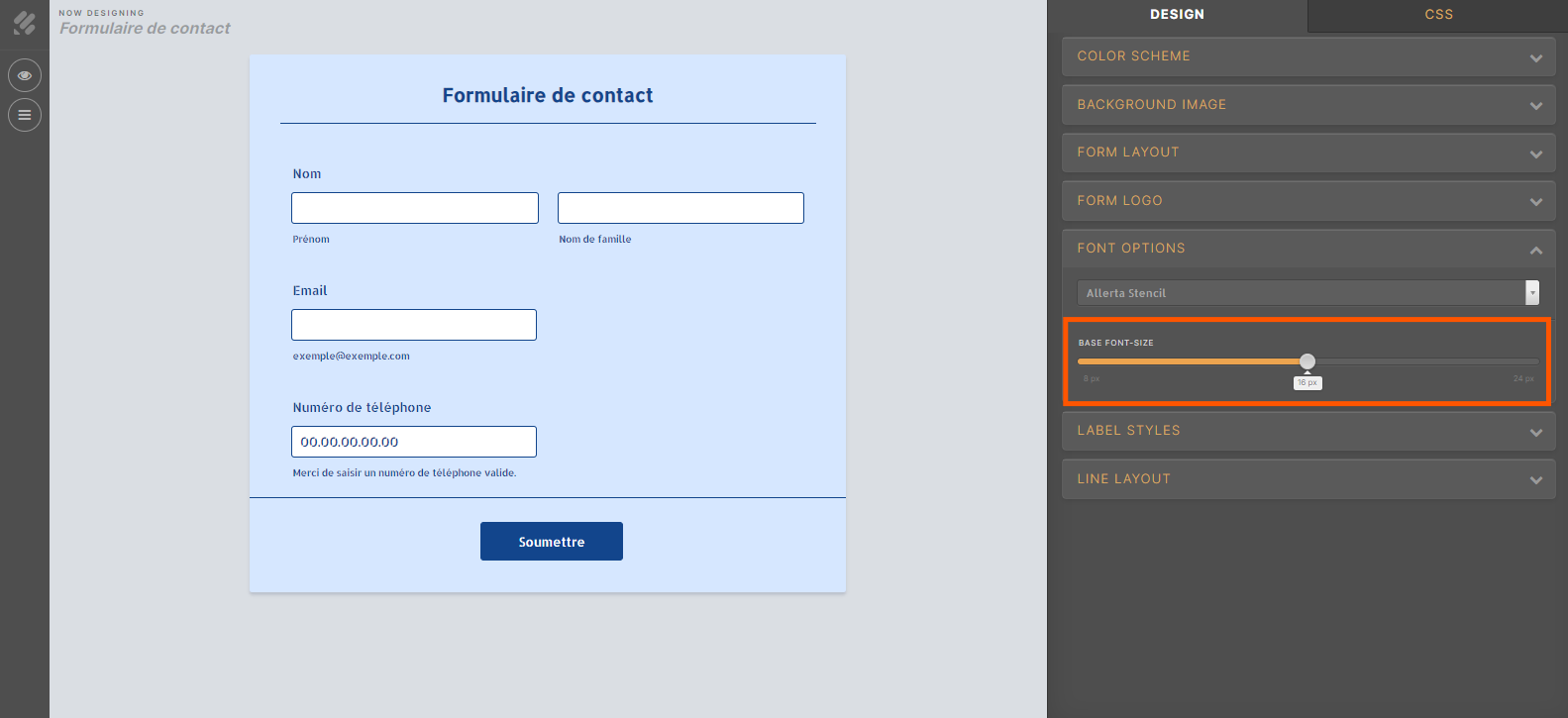 Capture de la page de l'Outil de conception avancé avec l'onglet Options de police ouvert et un encadré autour du curseur Taille de police de base