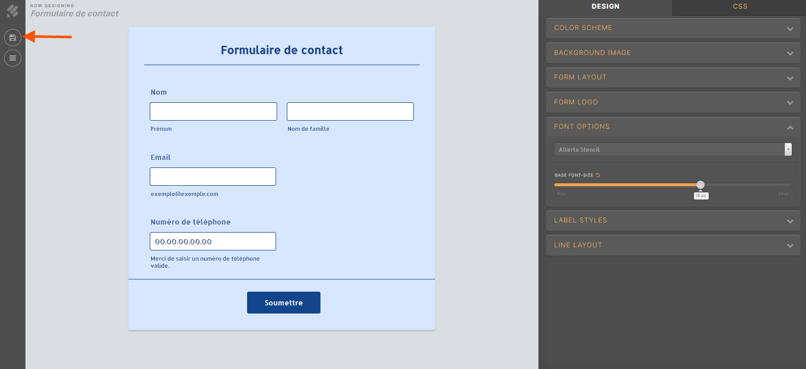 Capture d'écran de la page de l'Outil de conception avancé avec une flèche pointant vers le bouton Enregistrer en haut à gauche
